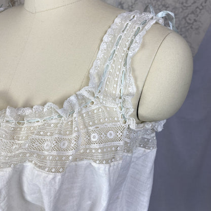 Antique 1910's Edwardian Corset Cover | White Cotton Lawn with Ruffled Lace & Pale Blue Silk Ribbon | Size XS, S - Daggers & Dames