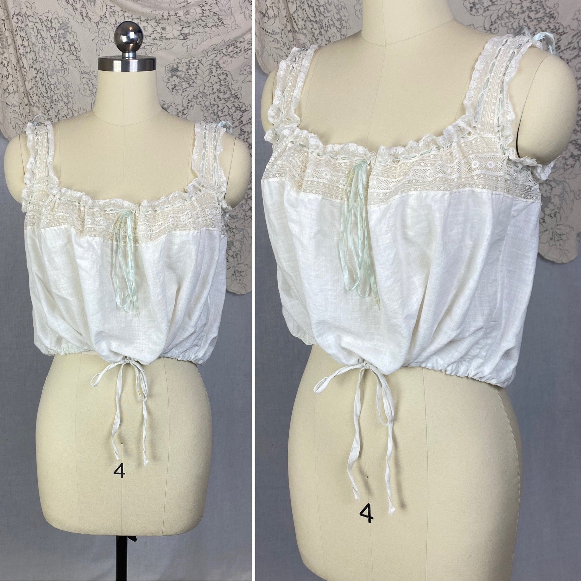 Antique 1910's Edwardian Corset Cover | White Cotton Lawn with Ruffled Lace & Pale Blue Silk Ribbon | Size XS, S - Daggers & Dames