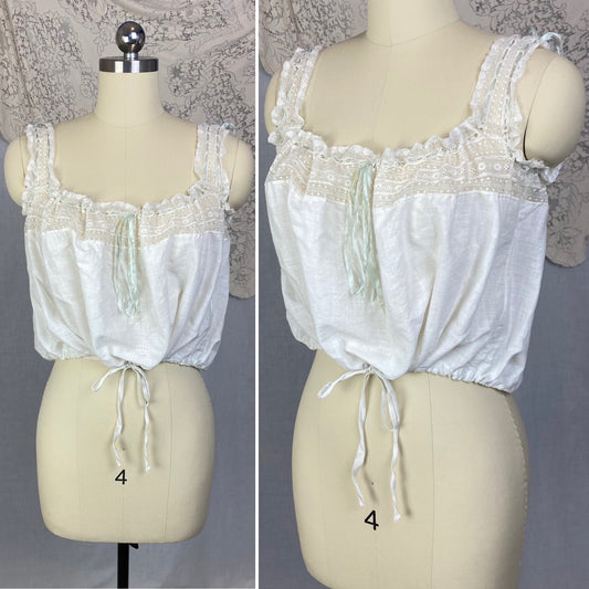 Antique 1910's Edwardian Corset Cover | White Cotton Lawn with Ruffled Lace & Pale Blue Silk Ribbon | Size XS, S - Daggers & Dames