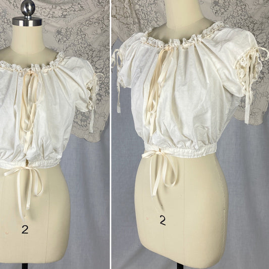 Antique 1910's Edwardian Corset Cover | White Cotton with Ruffled Lace Edges & Puffed Sleeves | Size XS, S - Daggers & Dames