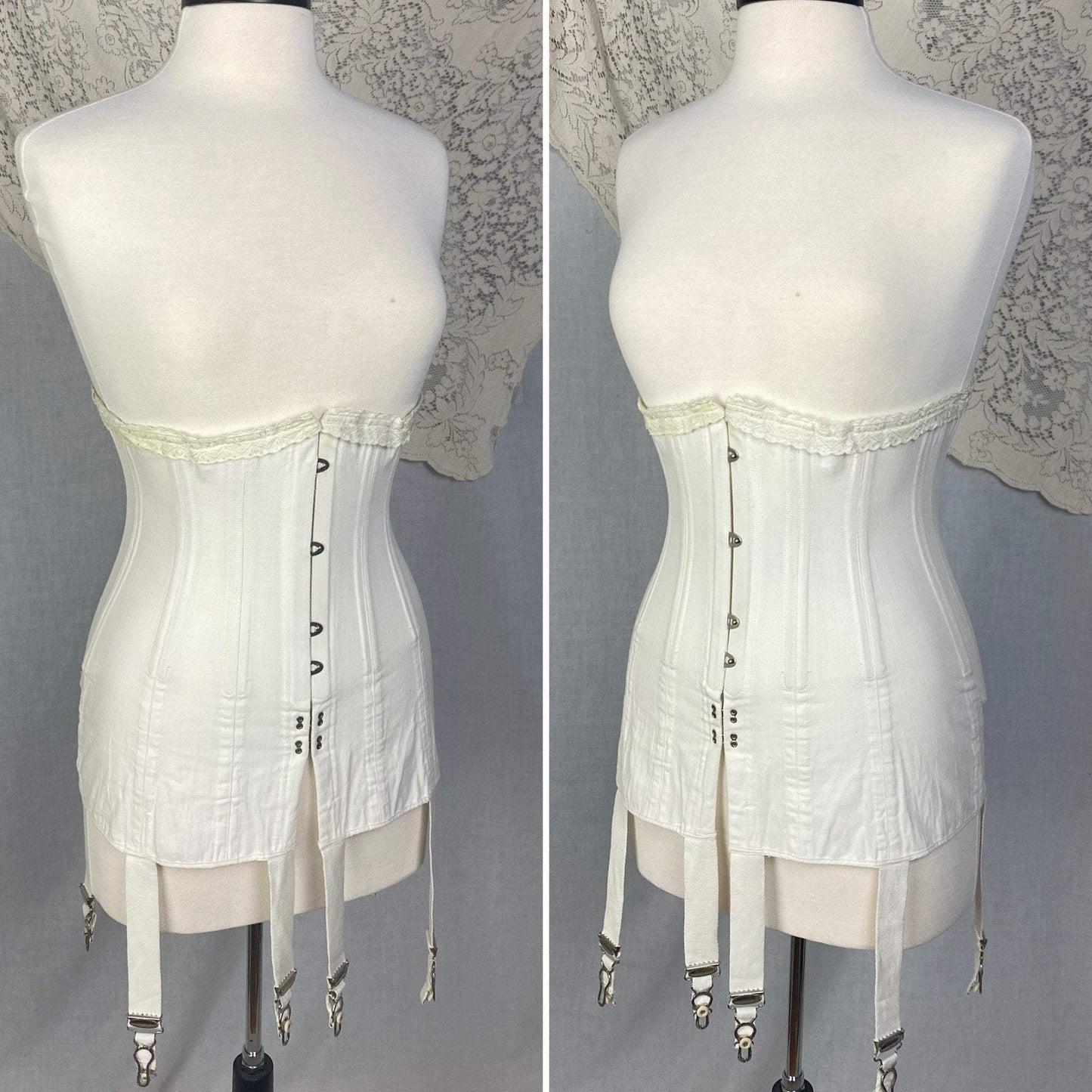 Antique 1910's Edwardian Corset | Crisp White Cotton with Embroidered Underbust & Garters | Size 27 Waist | Kabo Corset Co. - Daggers & Dames