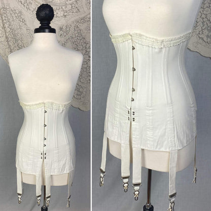 Antique 1910's Edwardian Corset | Crisp White Cotton with Embroidered Underbust & Garters | Size 27 Waist | Kabo Corset Co. - Daggers & Dames