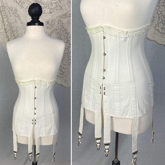 Antique 1910's Edwardian Corset | Crisp White Cotton with Embroidered Underbust & Garters | Size 27 Waist | Kabo Corset Co. - Daggers & Dames