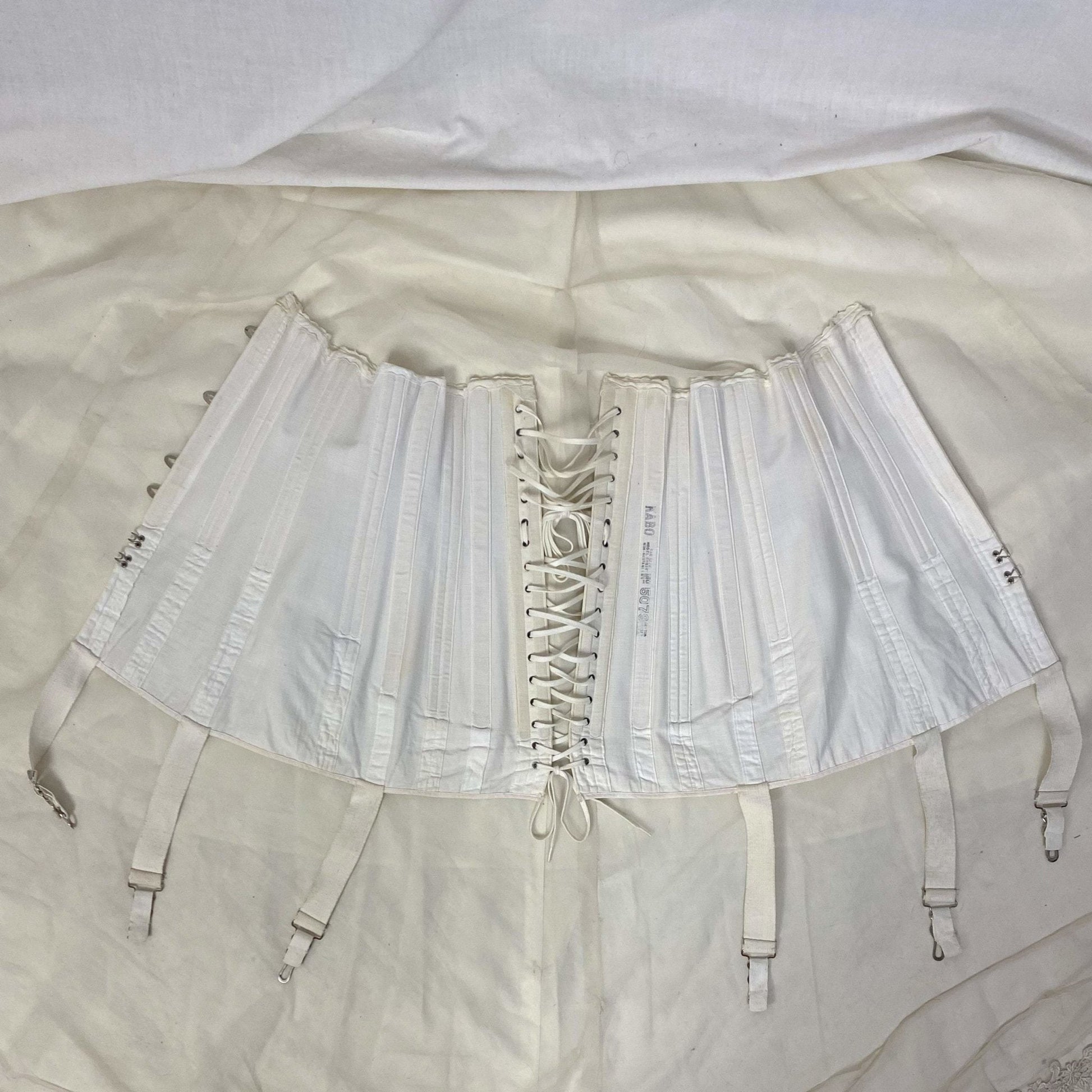 Antique 1910's Edwardian Corset | Crisp White Cotton with Embroidered Underbust & Garters | Size 27 Waist | Kabo Corset Co. - Daggers & Dames