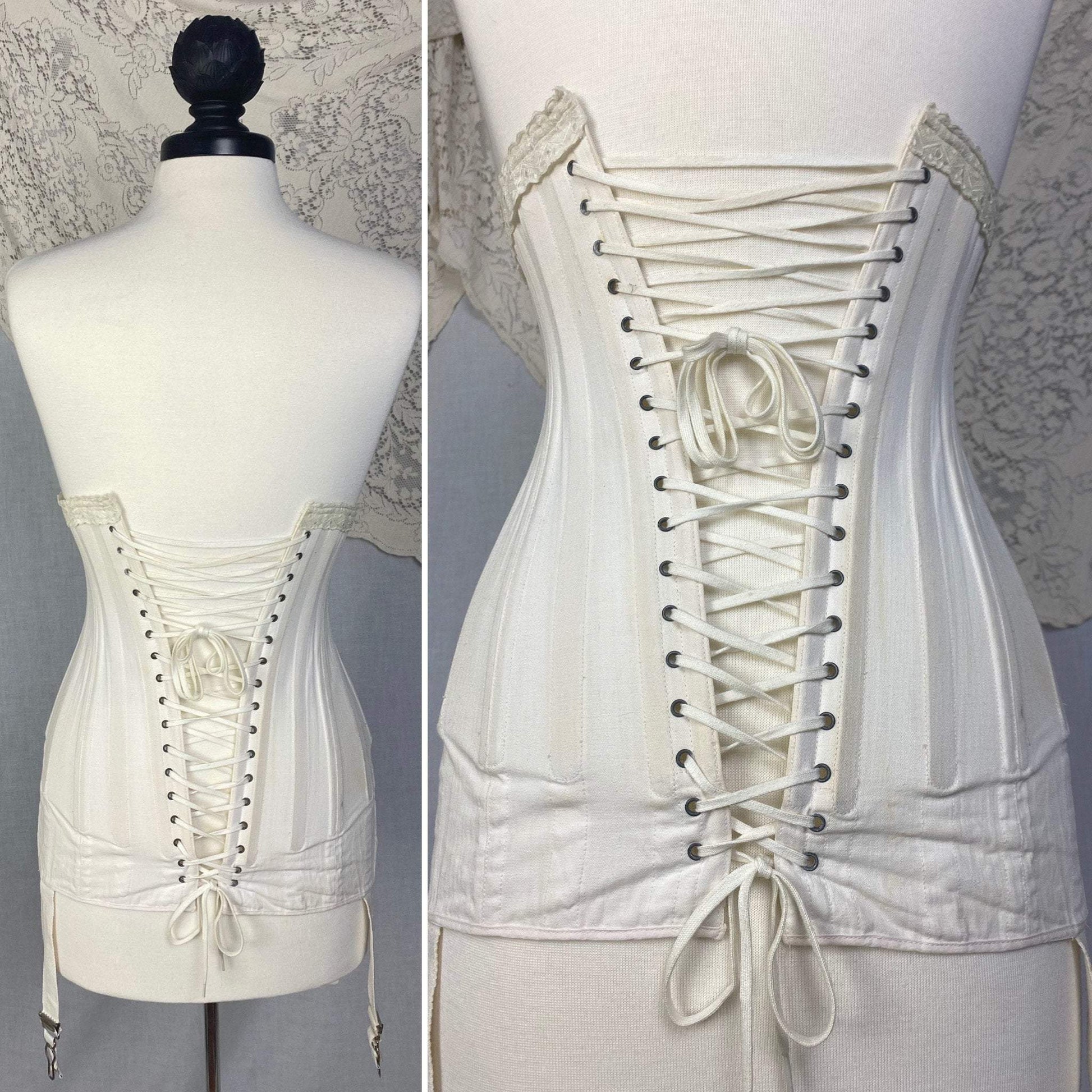 Antique 1910's Edwardian Corset | Crisp White Cotton with Embroidered Underbust & Garters | Size 27 Waist | Kabo Corset Co. - Daggers & Dames