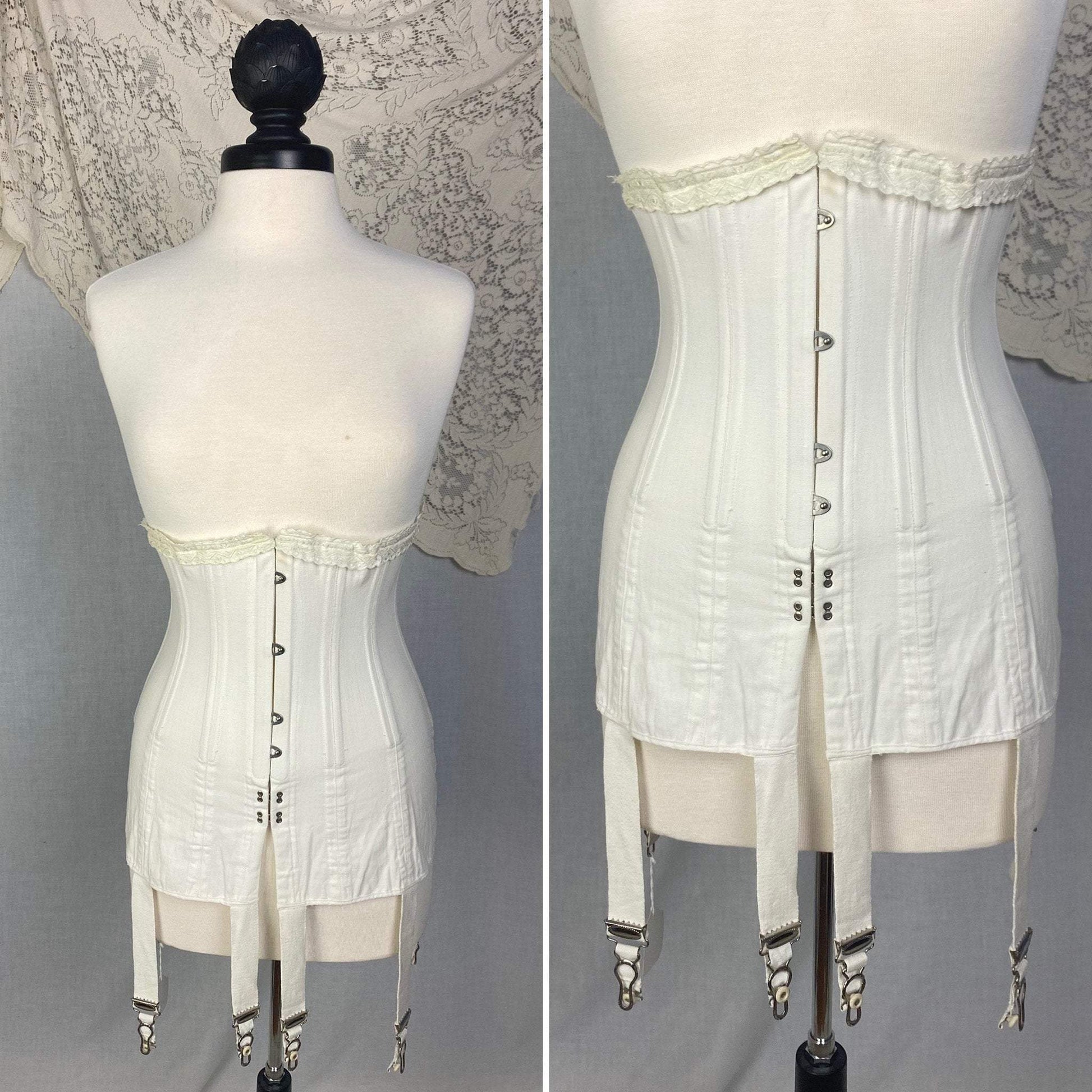 Antique 1910's Edwardian Corset | Crisp White Cotton with Embroidered Underbust & Garters | Size 27 Waist | Kabo Corset Co. - Daggers & Dames