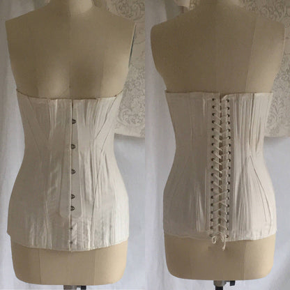 Antique 1910's Edwardian Corset | Crisp White Cotton with Satin Underbust & Metal Stays | De Milo | Size 24 - Daggers & Dames