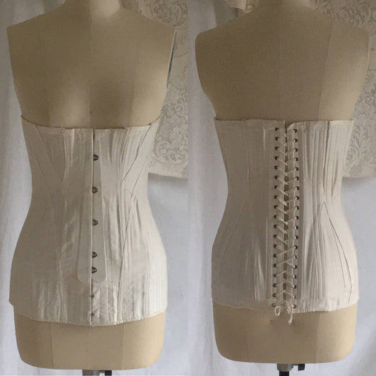 Antique 1910's Edwardian Corset | Crisp White Cotton with Satin Underbust & Metal Stays | De Milo | Size 24 - Daggers & Dames