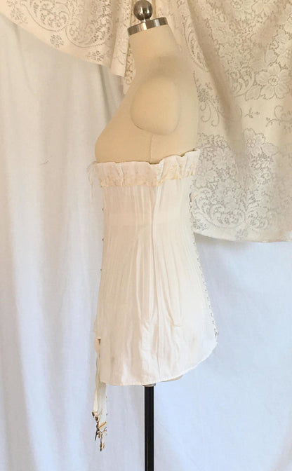 Antique 1910's Edwardian Corset with Original Box | White Cotton with Gold Embroidery | S Bend | Size 24 - Daggers & Dames