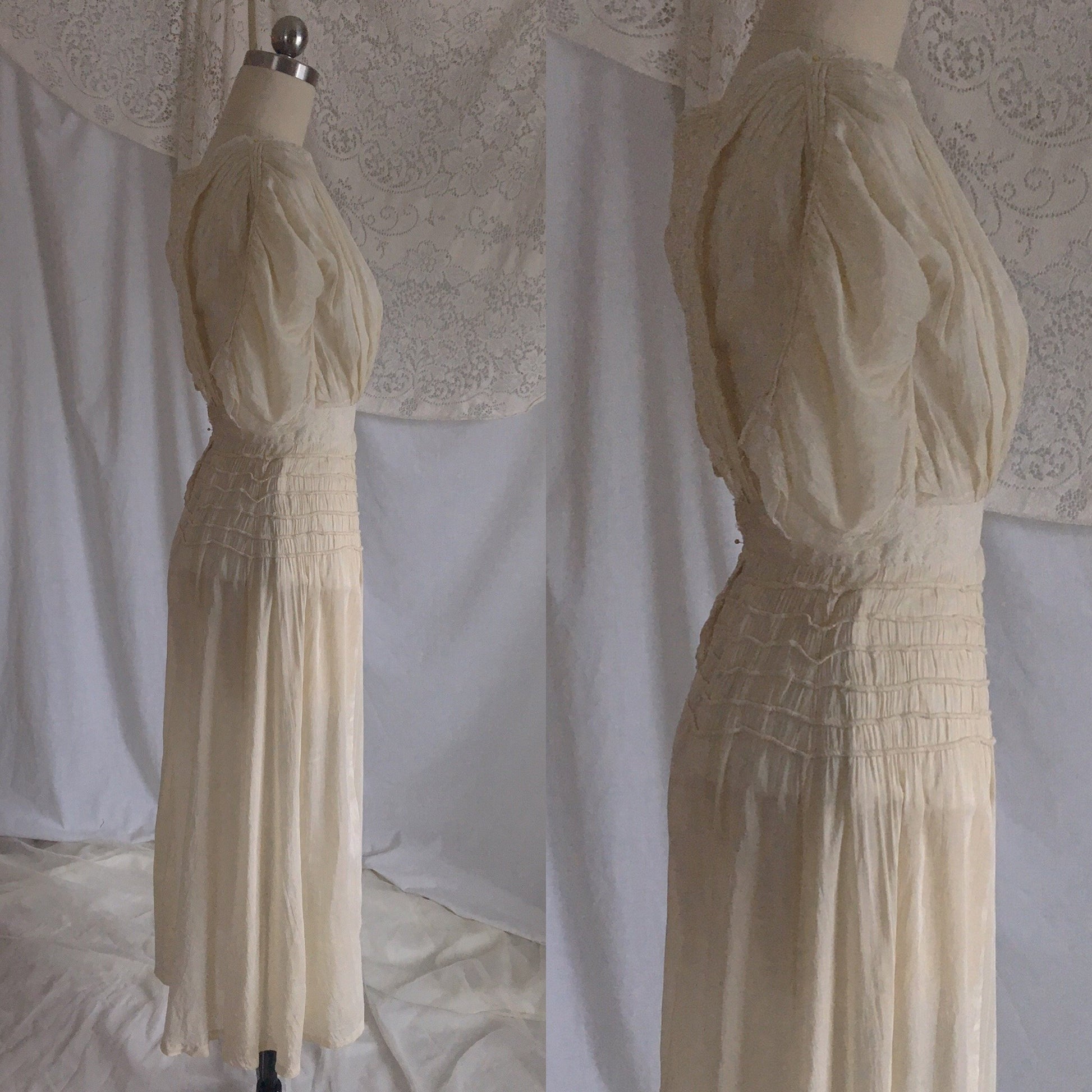 Antique 1910's Edwardian Dress | Gathered Ivory Silk with Floral Lace & Belled Sleeves | Size XXS - Daggers & Dames