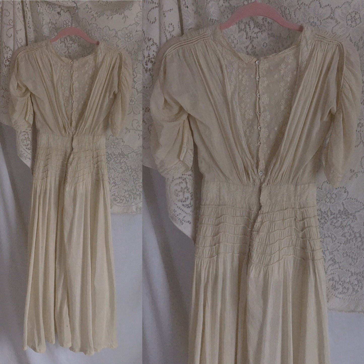 Antique 1910's Edwardian Dress | Gathered Ivory Silk with Floral Lace & Belled Sleeves | Size XXS - Daggers & Dames