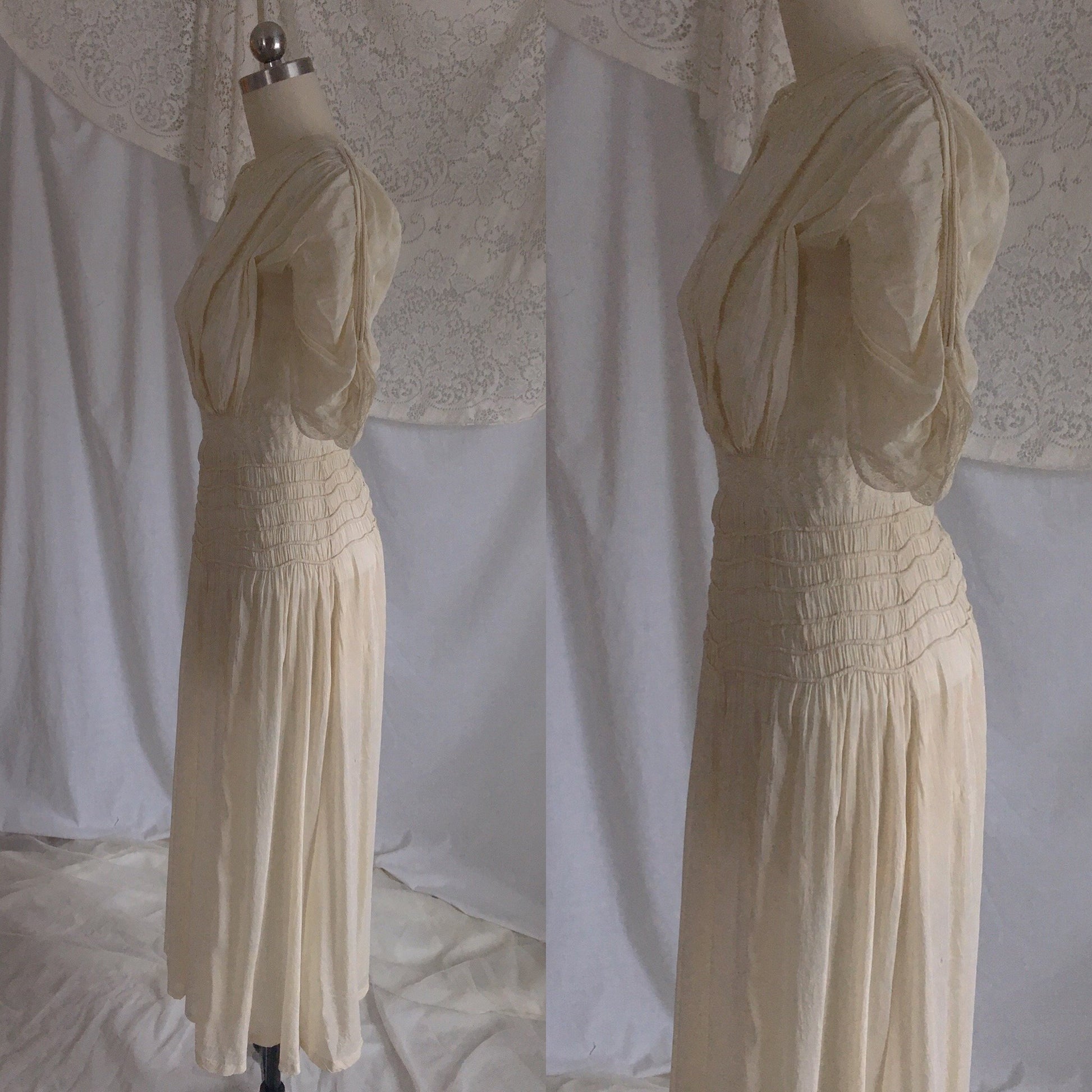 Antique 1910's Edwardian Dress | Gathered Ivory Silk with Floral Lace & Belled Sleeves | Size XXS - Daggers & Dames
