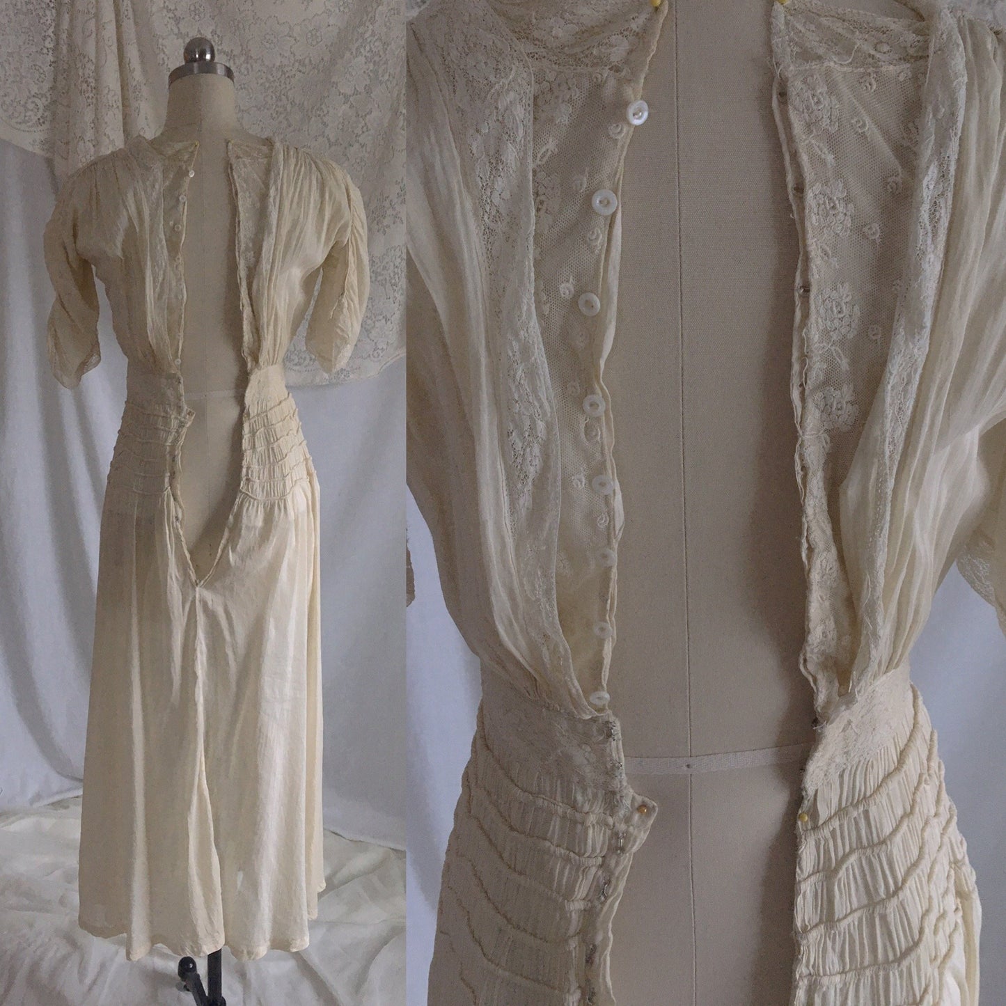 Antique 1910's Edwardian Dress | Gathered Ivory Silk with Floral Lace & Belled Sleeves | Size XXS - Daggers & Dames