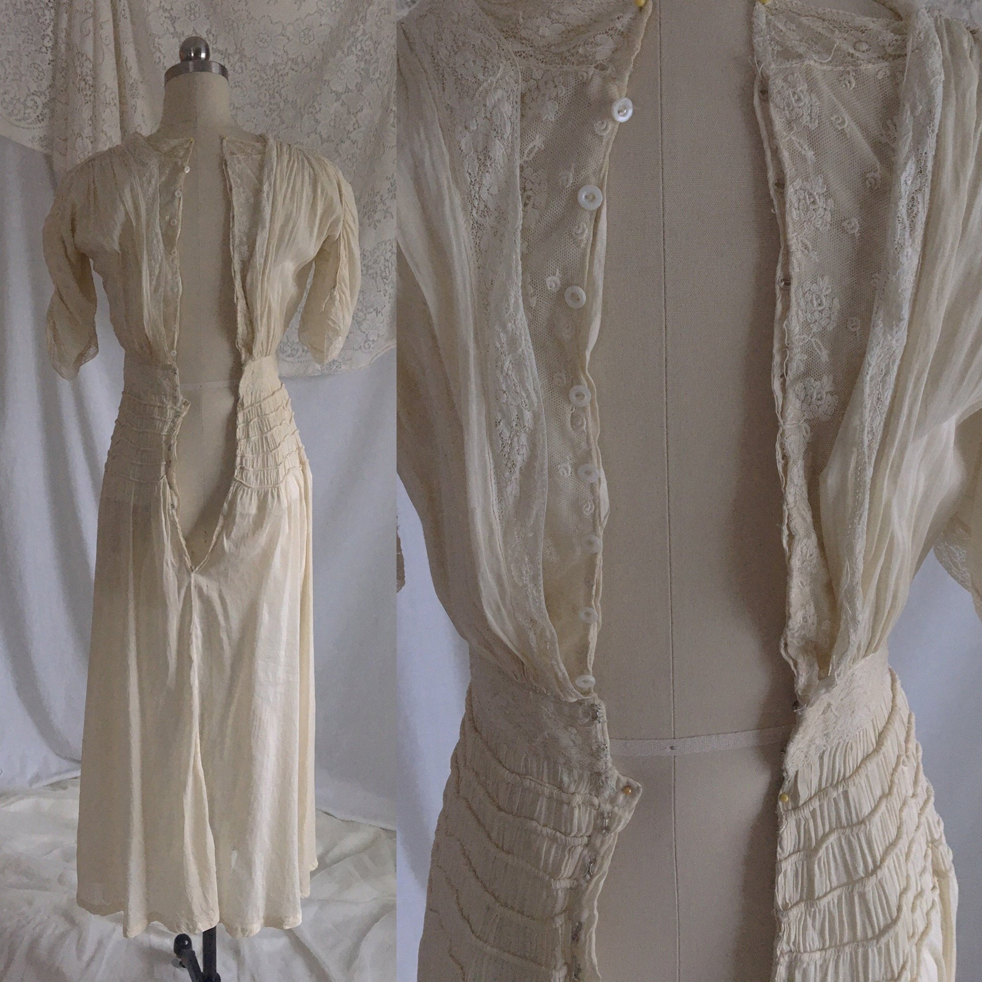 Antique 1910's Edwardian Dress | Gathered Ivory Silk with Floral Lace & Belled Sleeves | Size XXS - Daggers & Dames