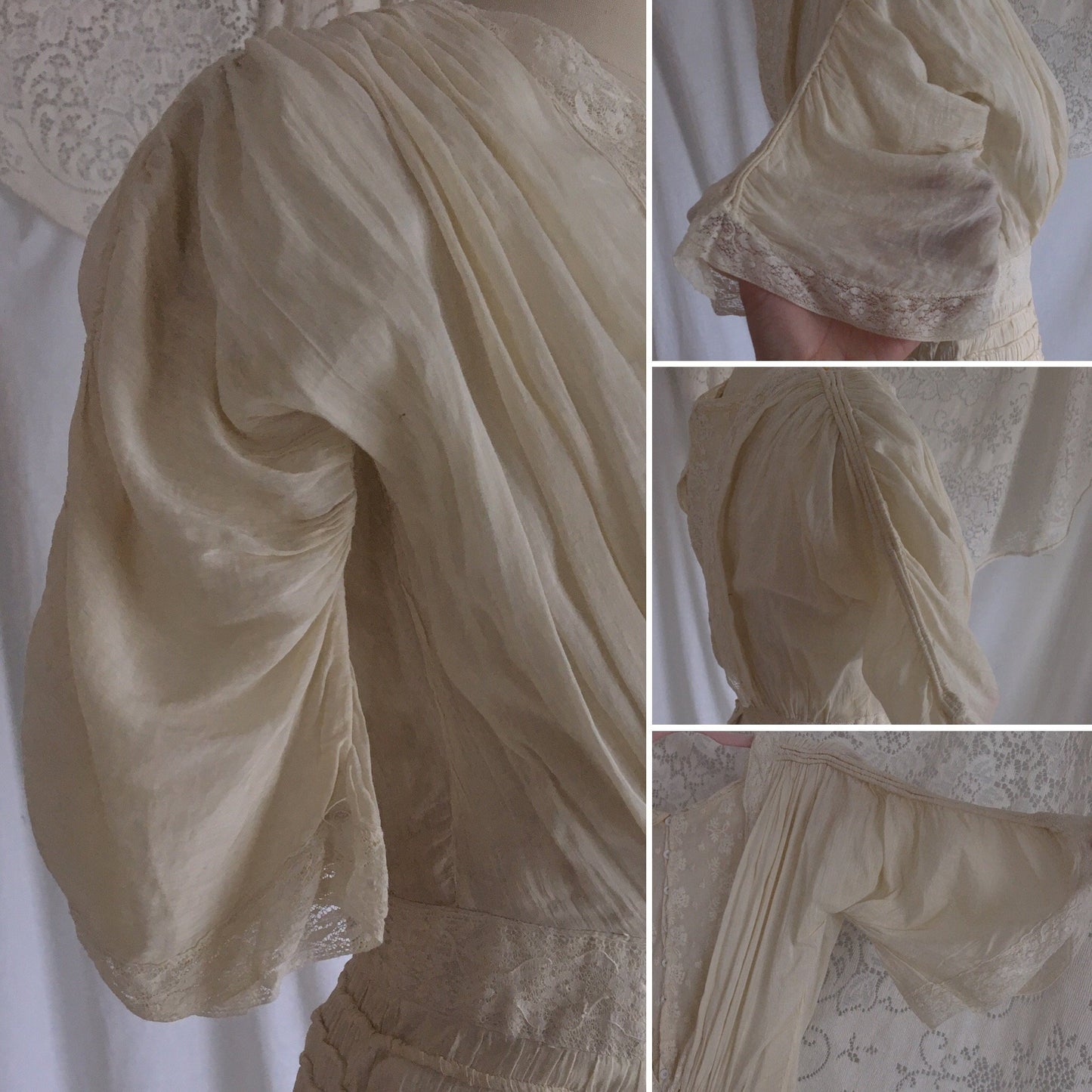 Antique 1910's Edwardian Dress | Gathered Ivory Silk with Floral Lace & Belled Sleeves | Size XXS - Daggers & Dames
