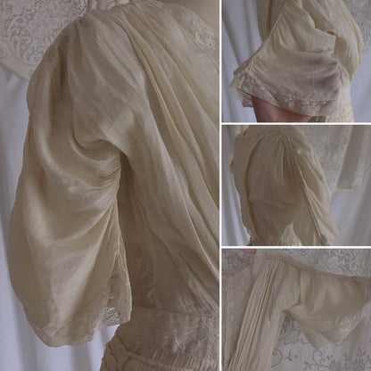 Antique 1910's Edwardian Dress | Gathered Ivory Silk with Floral Lace & Belled Sleeves | Size XXS - Daggers & Dames