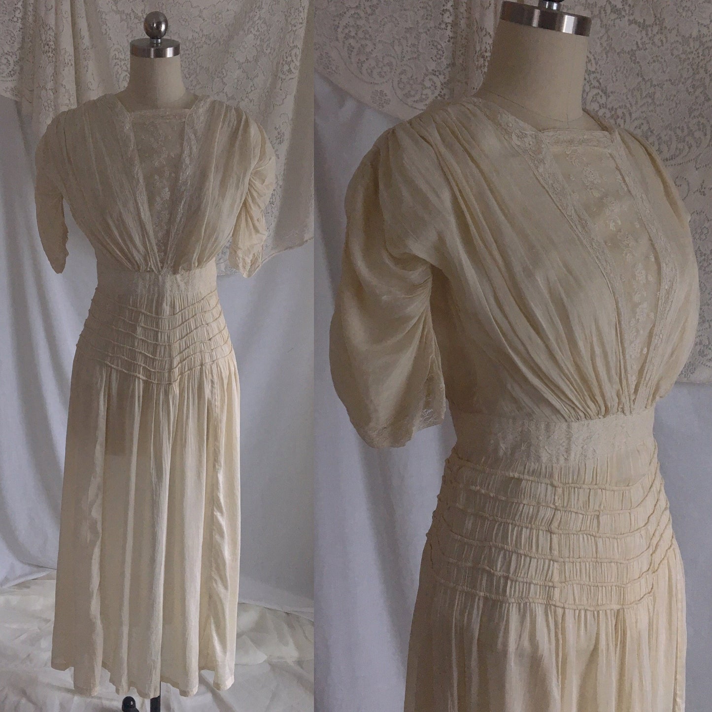 Antique 1910's Edwardian Dress | Gathered Ivory Silk with Floral Lace & Belled Sleeves | Size XXS - Daggers & Dames