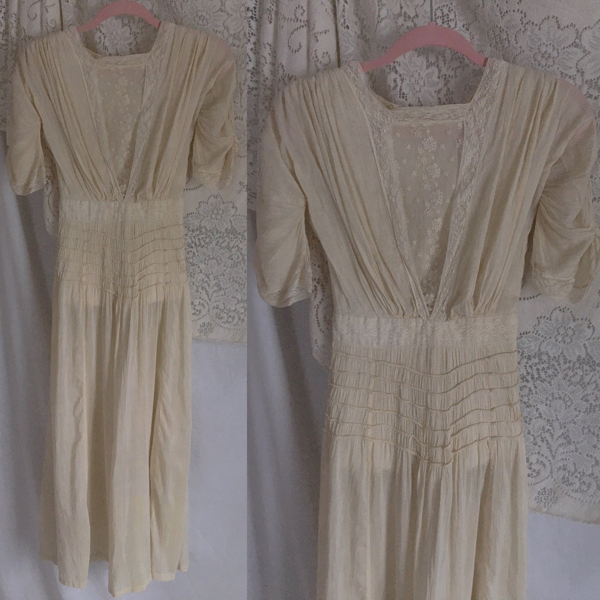 Antique 1910's Edwardian Dress | Gathered Ivory Silk with Floral Lace & Belled Sleeves | Size XXS - Daggers & Dames