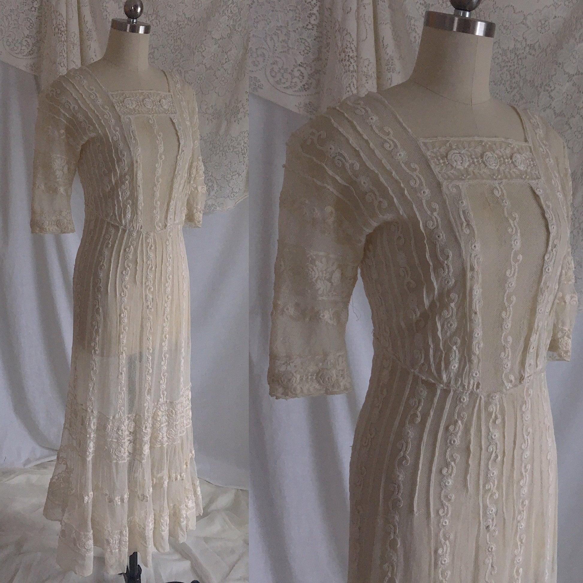 Antique 1910's Edwardian Dress | Ivory Tambour Embroidered Lace Tulle with Mermaid Skirt | Size XS, S - Daggers & Dames