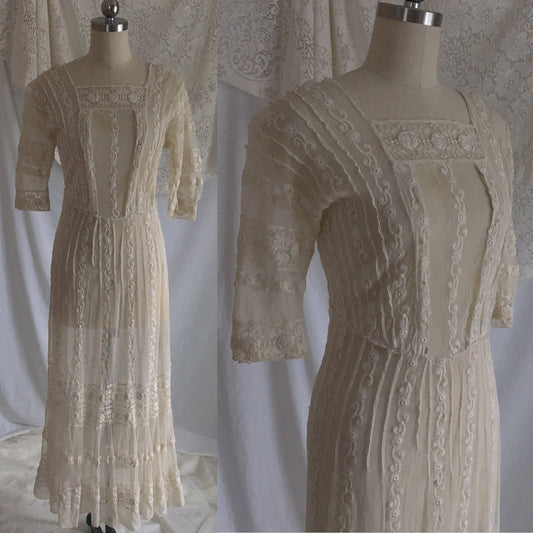 Antique 1910's Edwardian Dress | Ivory Tambour Embroidered Lace Tulle with Mermaid Skirt | Size XS, S - Daggers & Dames
