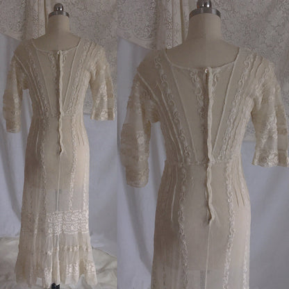Antique 1910's Edwardian Dress | Ivory Tambour Embroidered Lace Tulle with Mermaid Skirt | Size XS, S - Daggers & Dames