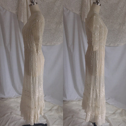 Antique 1910's Edwardian Dress | Ivory Tambour Embroidered Lace Tulle with Mermaid Skirt | Size XS, S - Daggers & Dames