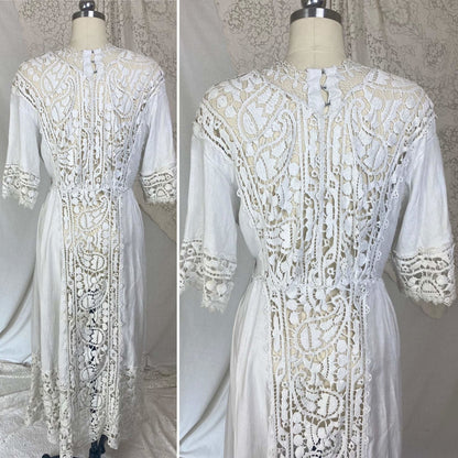 Antique 1910's Edwardian Dress | White Cotton Linen with Paisley Crochet Lace | Size S, M - Daggers & Dames