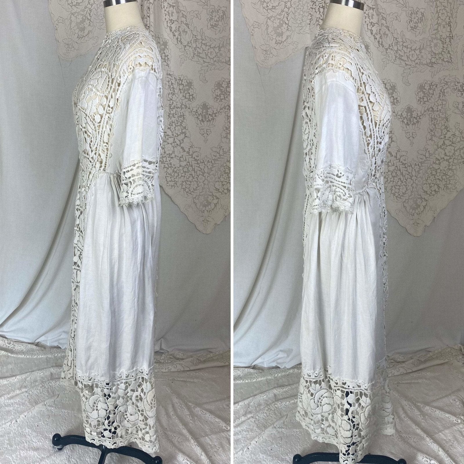 Antique 1910's Edwardian Dress | White Cotton Linen with Paisley Crochet Lace | Size S, M - Daggers & Dames