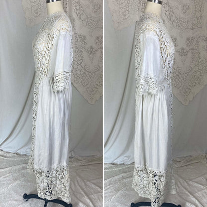 Antique 1910's Edwardian Dress | White Cotton Linen with Paisley Crochet Lace | Size S, M - Daggers & Dames