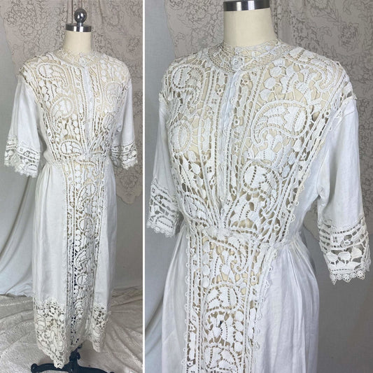 Antique 1910's Edwardian Dress | White Cotton Linen with Paisley Crochet Lace | Size S, M - Daggers & Dames