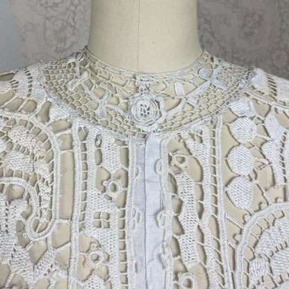 Antique 1910's Edwardian Dress | White Cotton Linen with Paisley Crochet Lace | Size S, M - Daggers & Dames