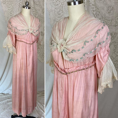 Antique 1910's Edwardian Dressing Gown Robe | Tea Rose Pink Cotton with Embroidered Ruffled Tulle | Size XS - Daggers & Dames