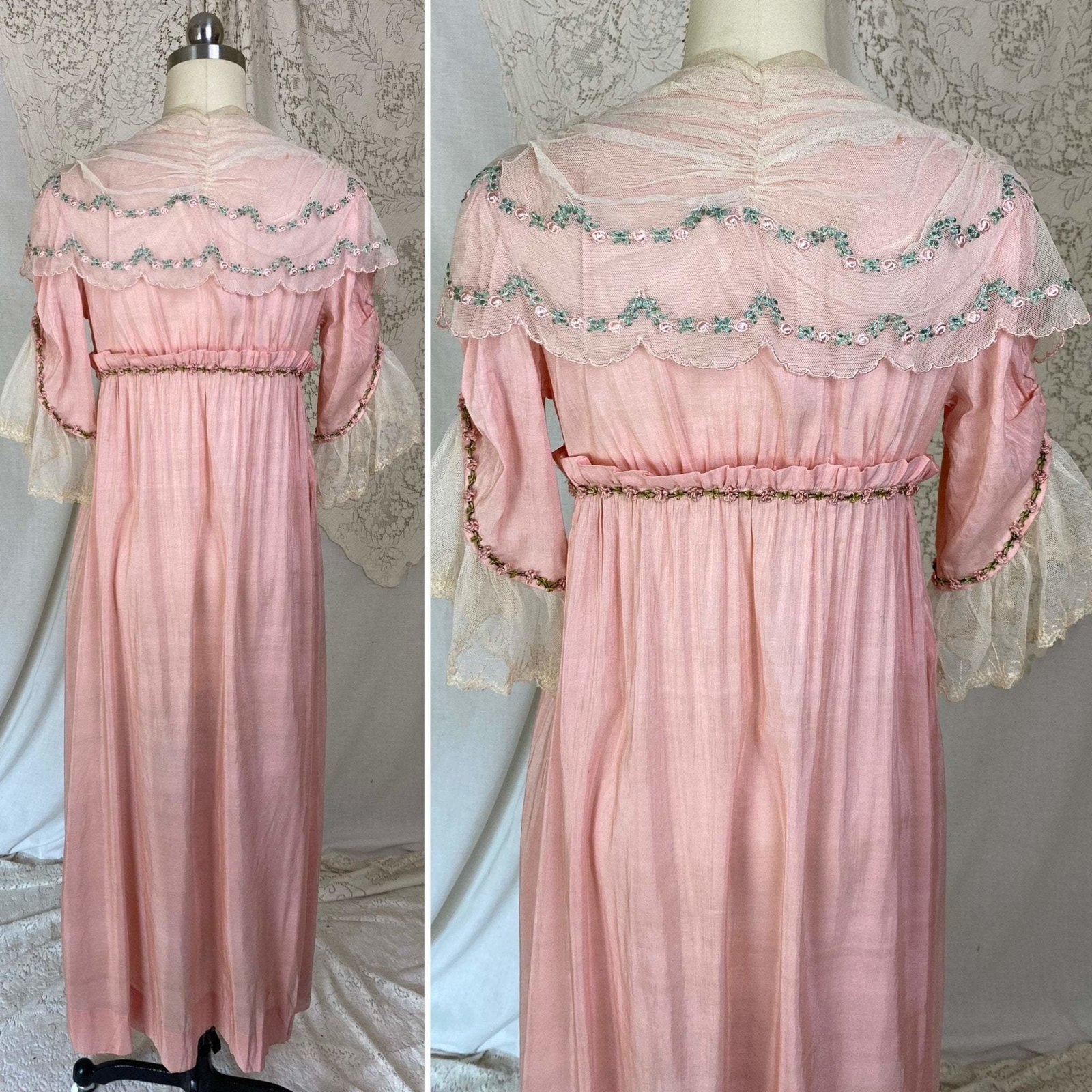 Antique 1910's Edwardian Dressing Gown Robe | Tea Rose Pink Cotton with Embroidered Ruffled Tulle | Size XS - Daggers & Dames