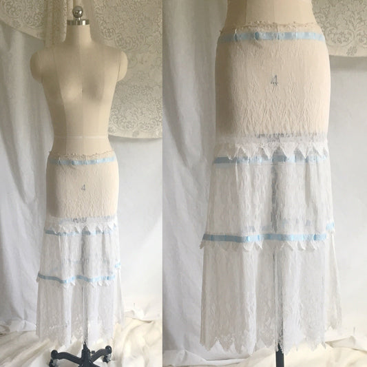 Antique 1910's Edwardian Lingerie Skirt | Size SM | Sheer White Chantilly Lace & Blue Satin Ribbon Trim - Daggers & Dames