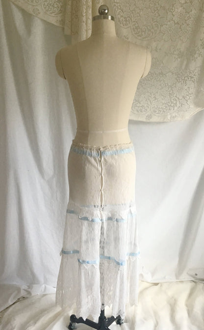 Antique 1910's Edwardian Lingerie Skirt | Size SM | Sheer White Chantilly Lace & Blue Satin Ribbon Trim - Daggers & Dames