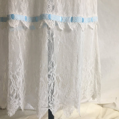 Antique 1910's Edwardian Lingerie Skirt | Size SM | Sheer White Chantilly Lace & Blue Satin Ribbon Trim - Daggers & Dames