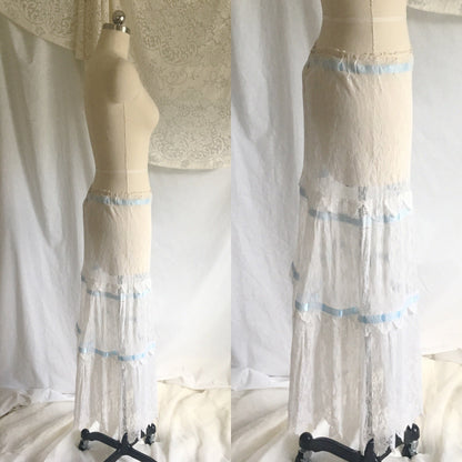Antique 1910's Edwardian Lingerie Skirt | Size SM | Sheer White Chantilly Lace & Blue Satin Ribbon Trim - Daggers & Dames