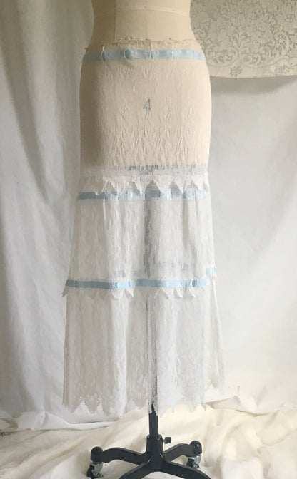 Antique 1910's Edwardian Lingerie Skirt | Size SM | Sheer White Chantilly Lace & Blue Satin Ribbon Trim - Daggers & Dames