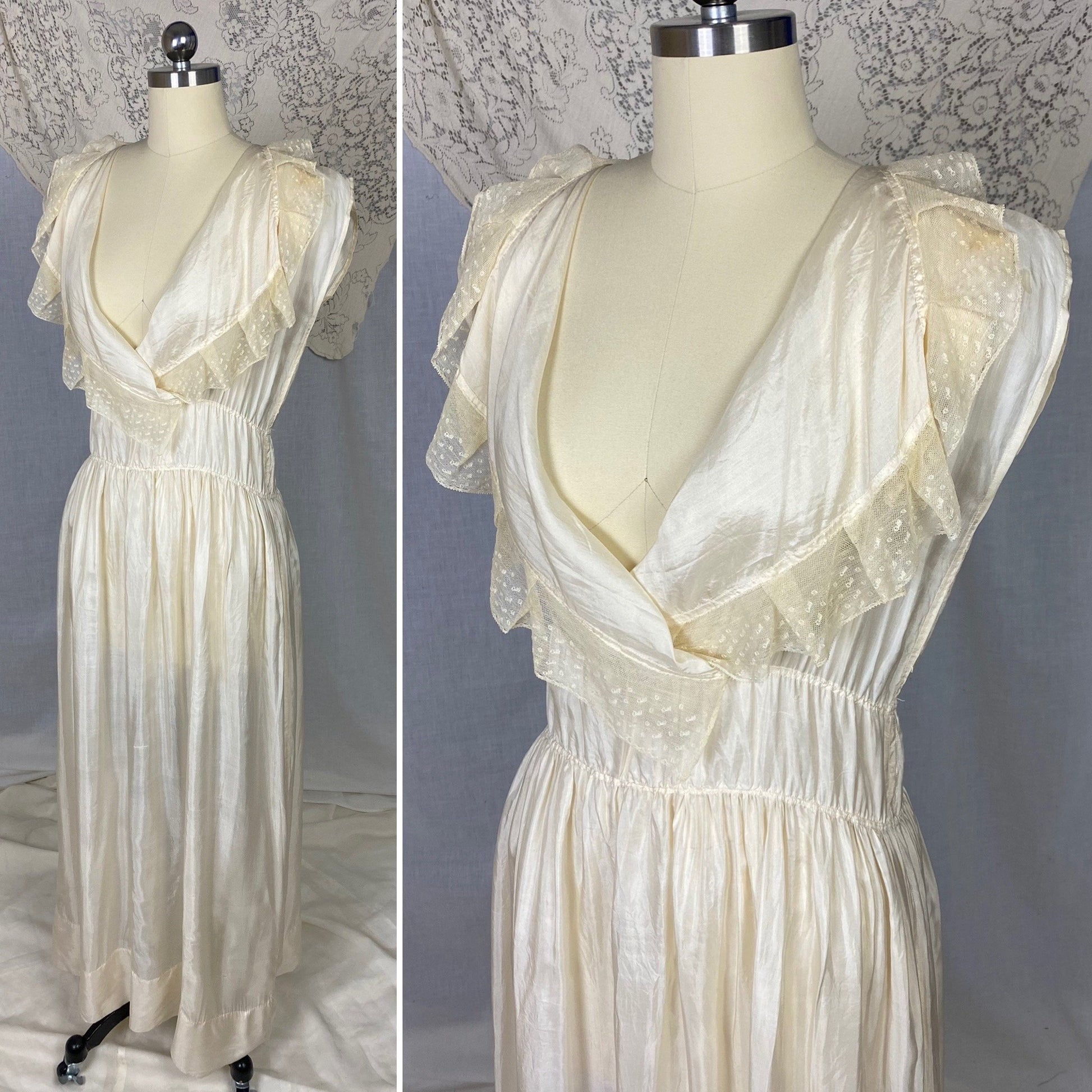 Antique 1910's Edwardian Negligee Nightgown | Ivory Tissue Silk with Ruffled Embroidered Tulle Lace | Size S, M - Daggers & Dames