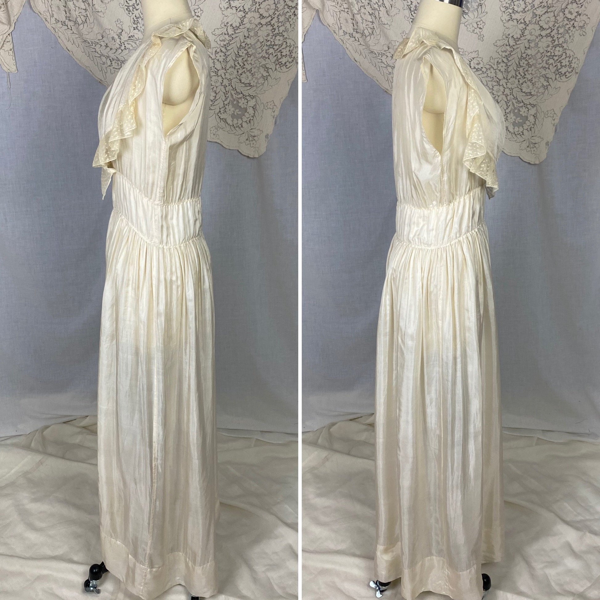 Antique 1910's Edwardian Negligee Nightgown | Ivory Tissue Silk with Ruffled Embroidered Tulle Lace | Size S, M - Daggers & Dames