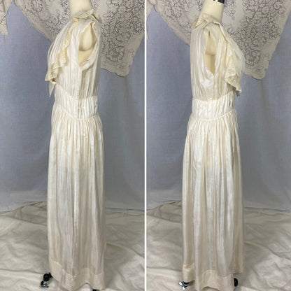 Antique 1910's Edwardian Negligee Nightgown | Ivory Tissue Silk with Ruffled Embroidered Tulle Lace | Size S, M - Daggers & Dames