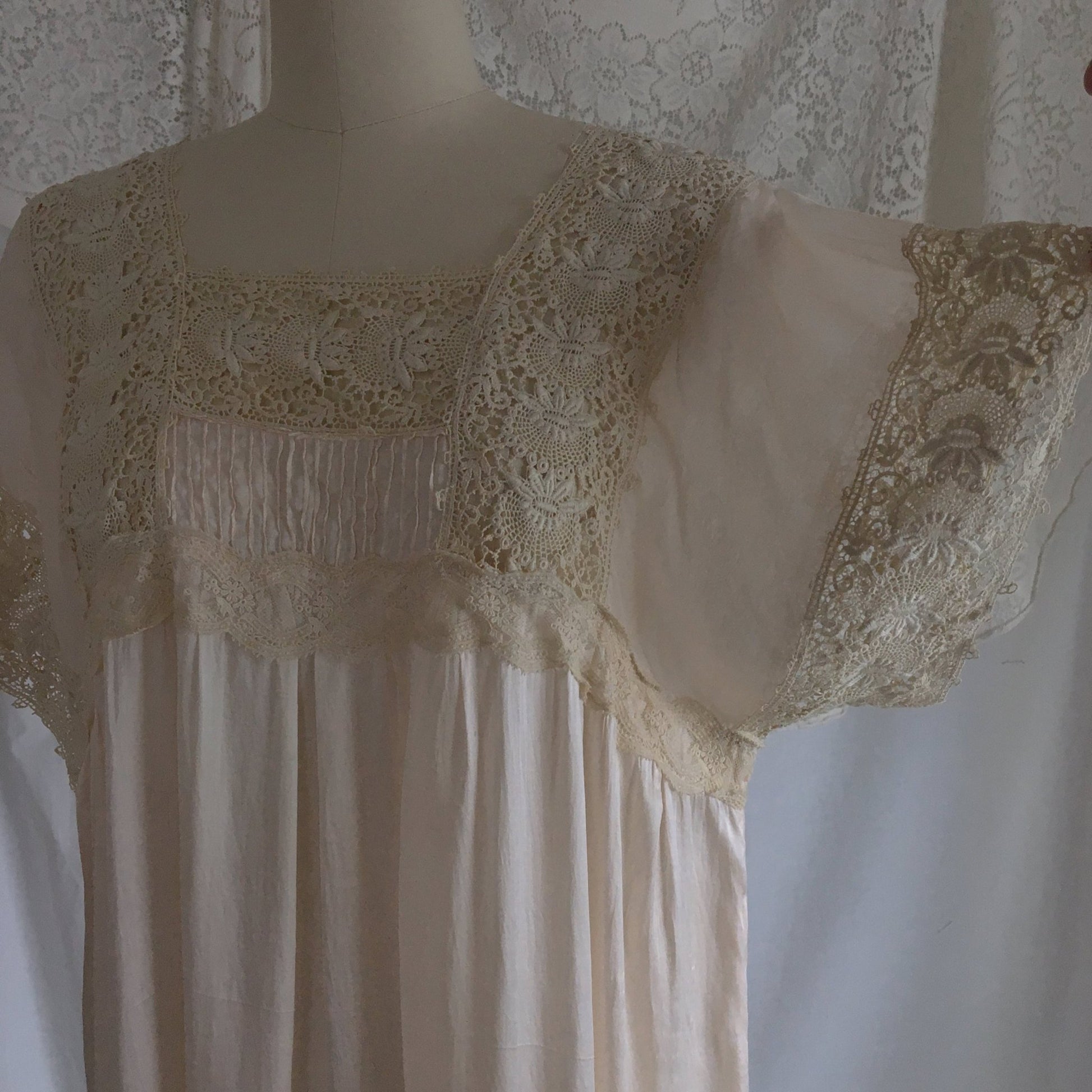 Antique 1910's Edwardian Nightgown | Palest Pink Silk with Irish Crochet Lace | Size SM, M, LG - Daggers & Dames