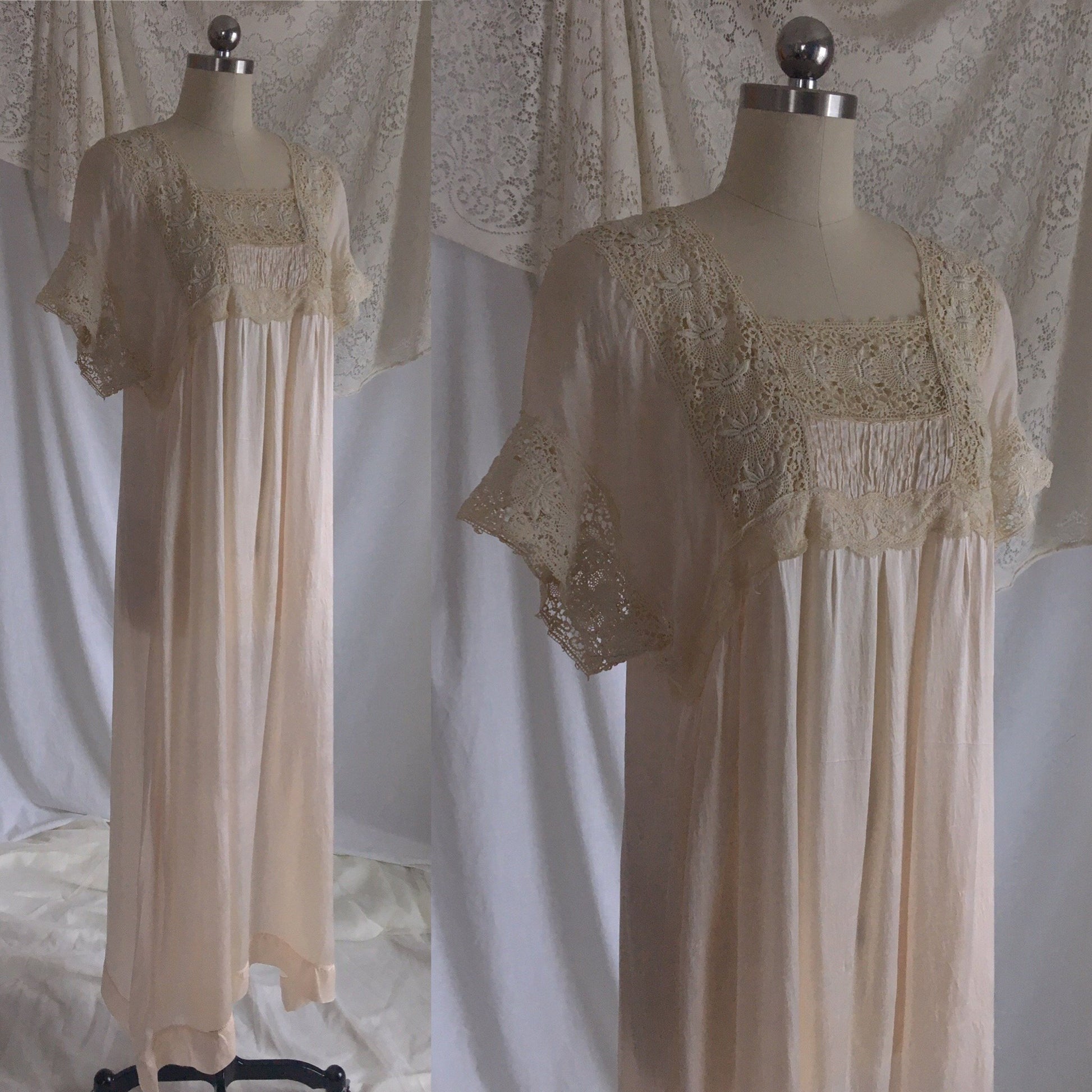 Antique 1910's Edwardian Nightgown | Palest Pink Silk with Irish Crochet Lace | Size SM, M, LG - Daggers & Dames