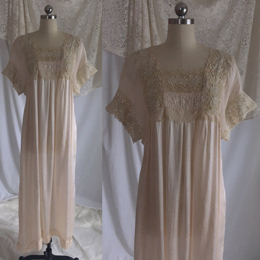 Antique 1910's Edwardian Nightgown | Palest Pink Silk with Irish Crochet Lace | Size SM, M, LG - Daggers & Dames