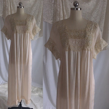 Antique 1910's Edwardian Nightgown | Palest Pink Silk with Irish Crochet Lace | Size SM, M, LG - Daggers & Dames