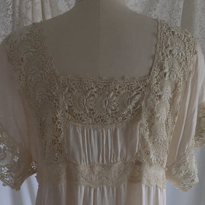 Antique 1910's Edwardian Nightgown | Palest Pink Silk with Irish Crochet Lace | Size SM, M, LG - Daggers & Dames