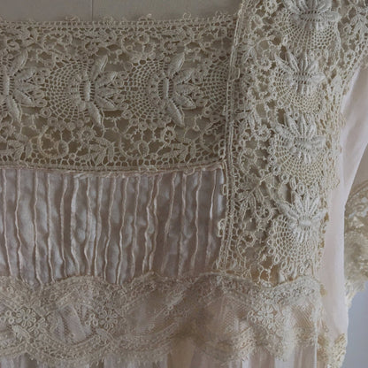 Antique 1910's Edwardian Nightgown | Palest Pink Silk with Irish Crochet Lace | Size SM, M, LG - Daggers & Dames
