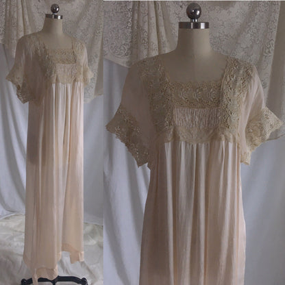 Antique 1910's Edwardian Nightgown | Palest Pink Silk with Irish Crochet Lace | Size SM, M, LG - Daggers & Dames