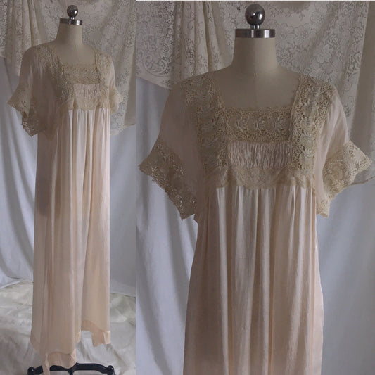 Antique 1910's Edwardian Nightgown | Palest Pink Silk with Irish Crochet Lace | Size SM, M, LG - Daggers & Dames