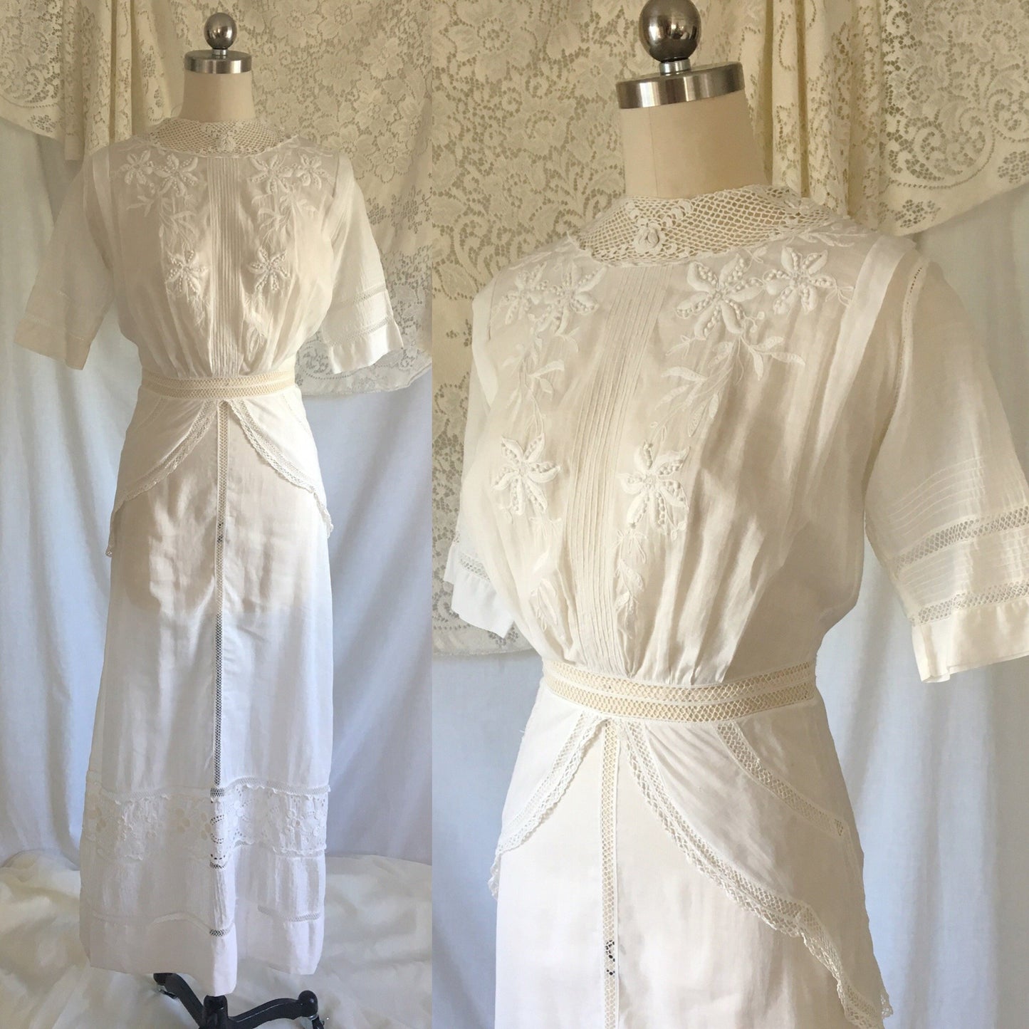 Antique 1910's Edwardian Peplum Dress | White Cotton Lawn with Crocheted Lace & Embroidery | Size XXS - Daggers & Dames